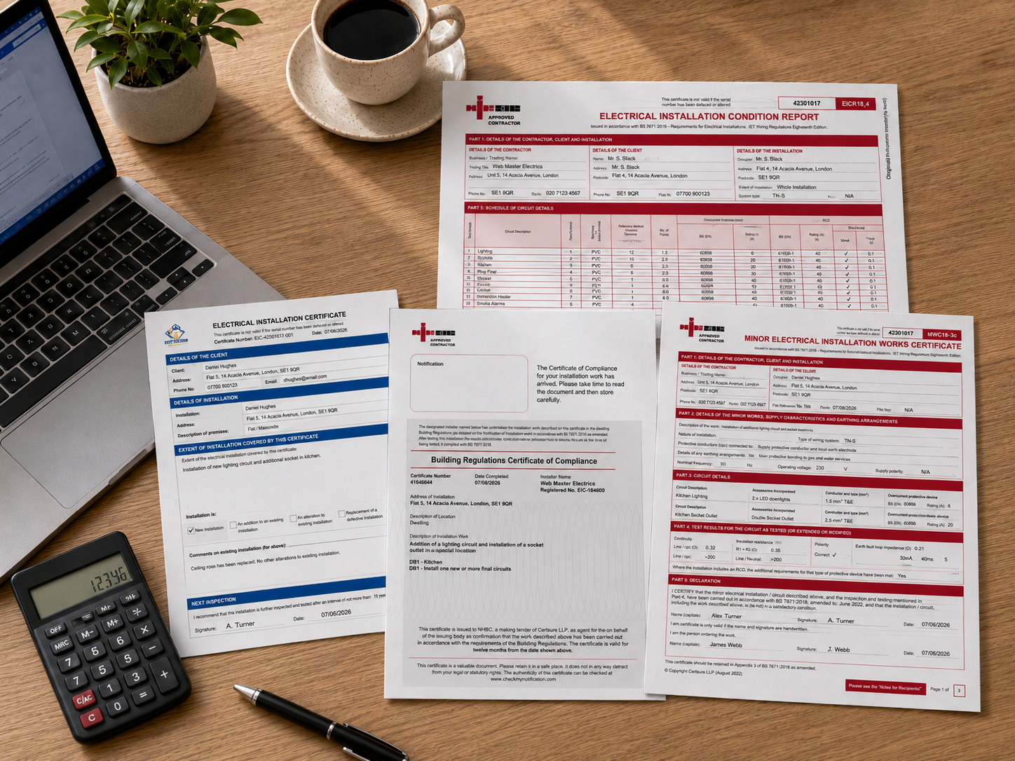 Professional desk arrangement showing electrical certification paperwork including an Electrical Installation Condition Report, Electrical Installation Certificate, Minor Electrical Installation Works Certificate and a Building Regulations compliance notification