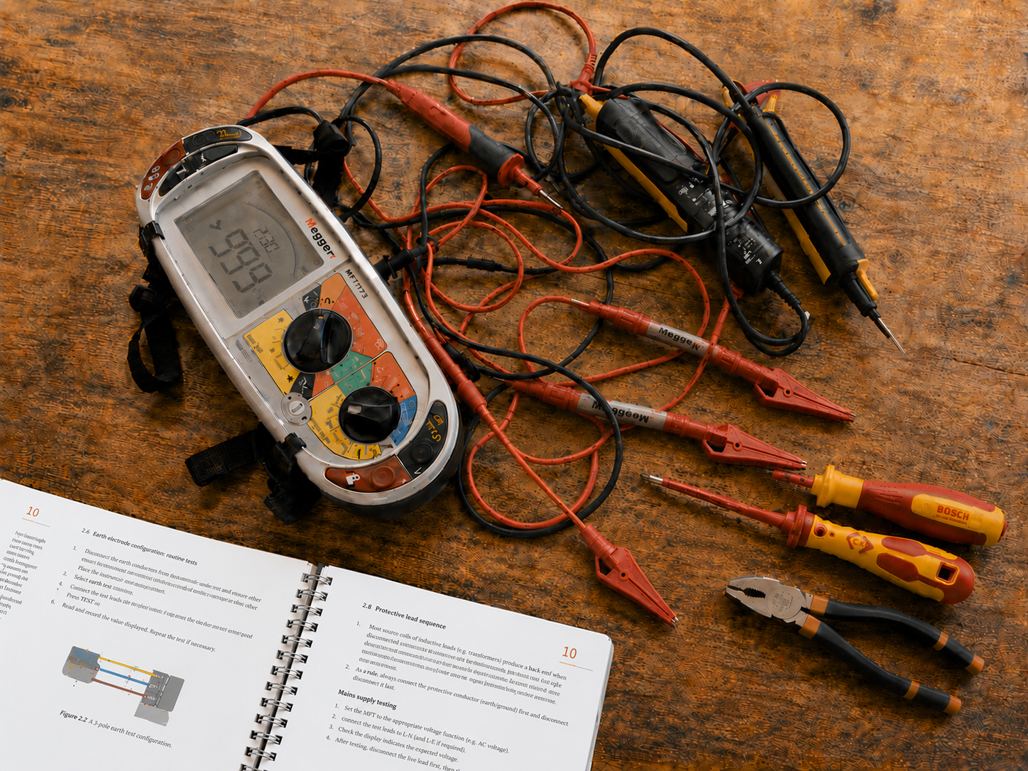 Professional electrical inspection and testing equipment including a Megger multifunction tester and test leads