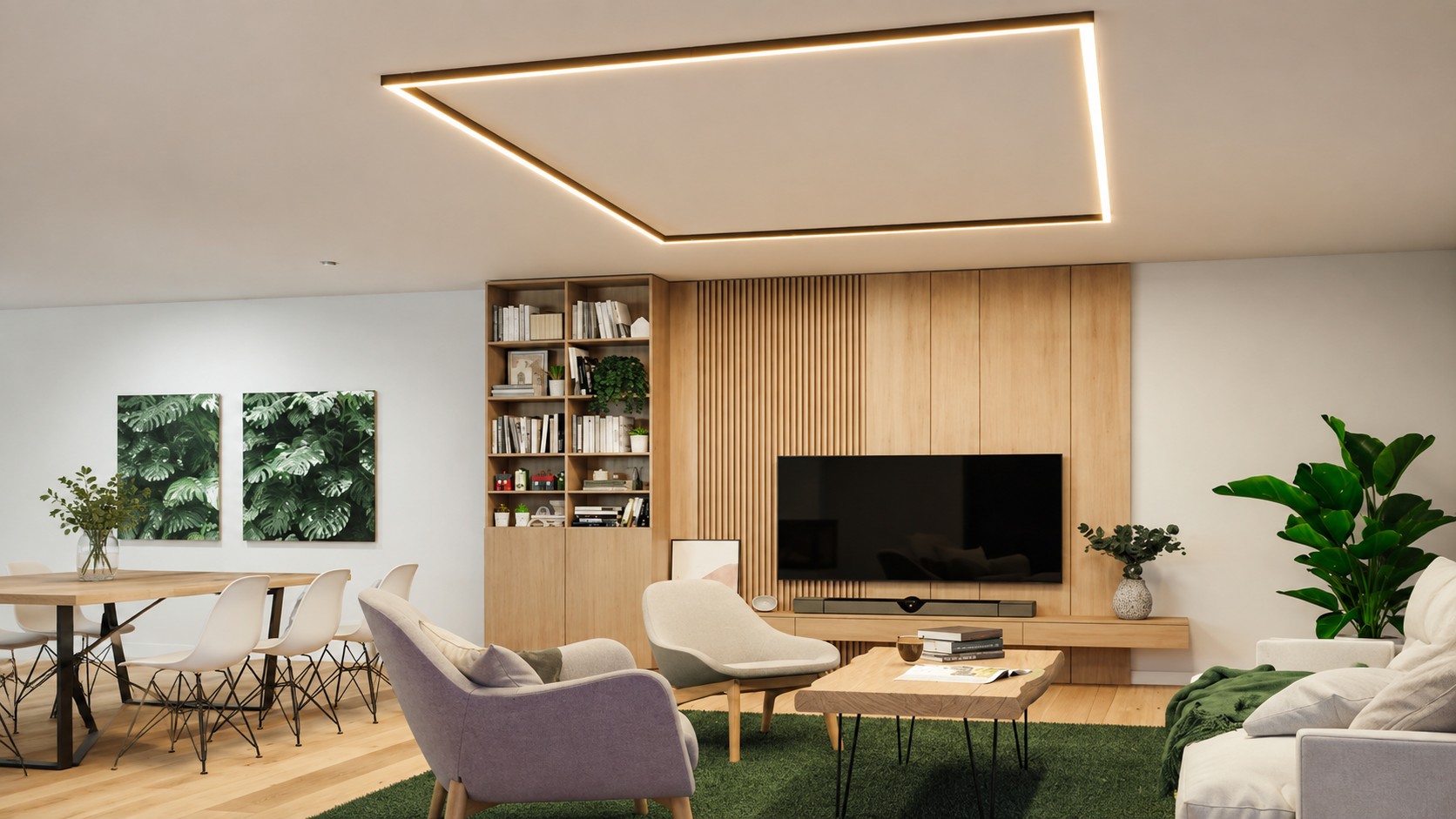 Modern living room with integrated geometric LED ceiling lighting