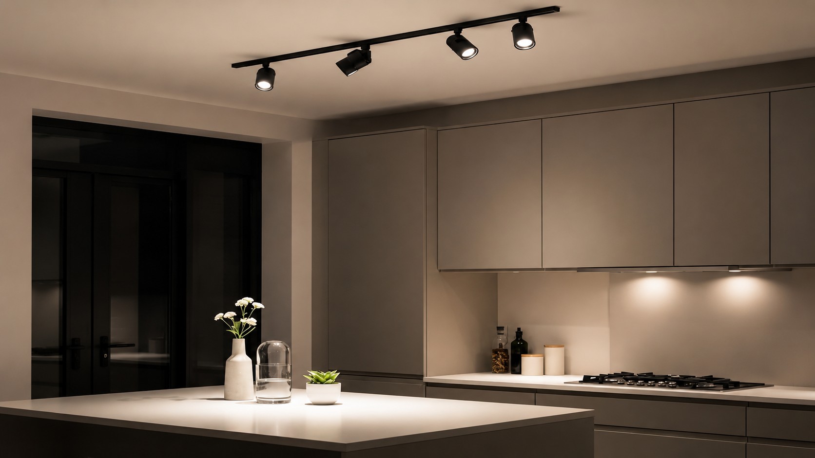 Modern kitchen with black track lighting installed by Wire Master Electricals