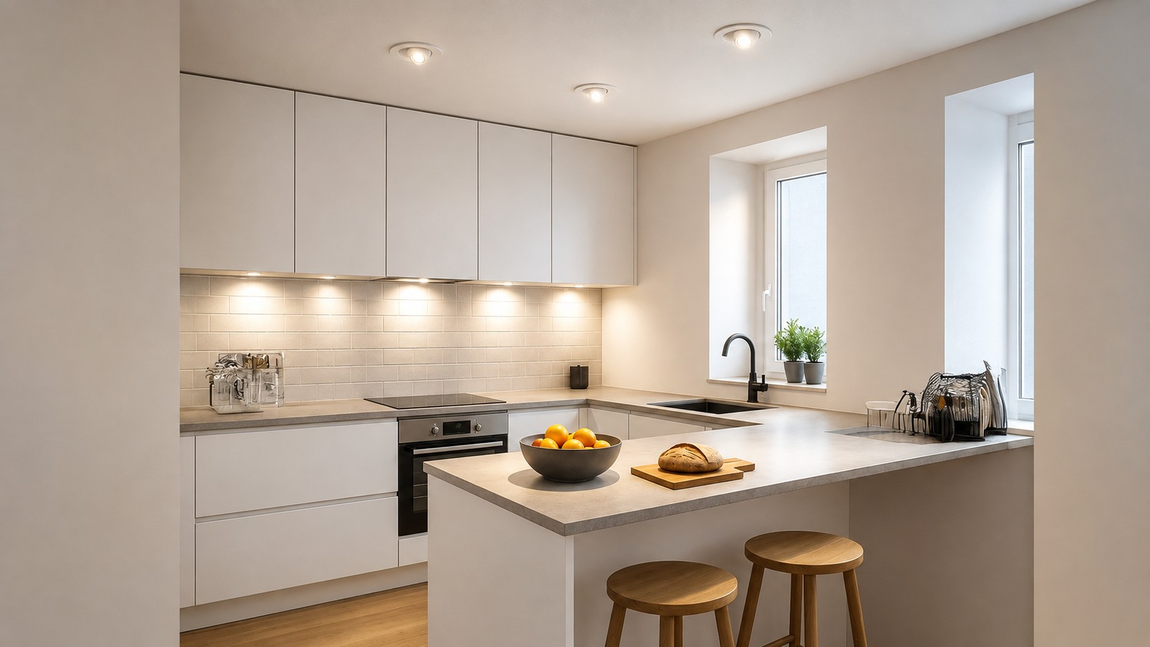 Bright kitchen with recessed spotlights and task lighting