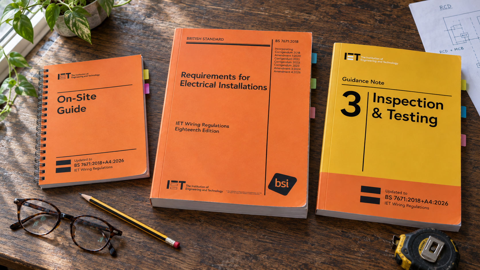 IET Wiring Regulations, On-Site Guide and Guidance Note 3 books on a working desk with a tape measure and RCD notes